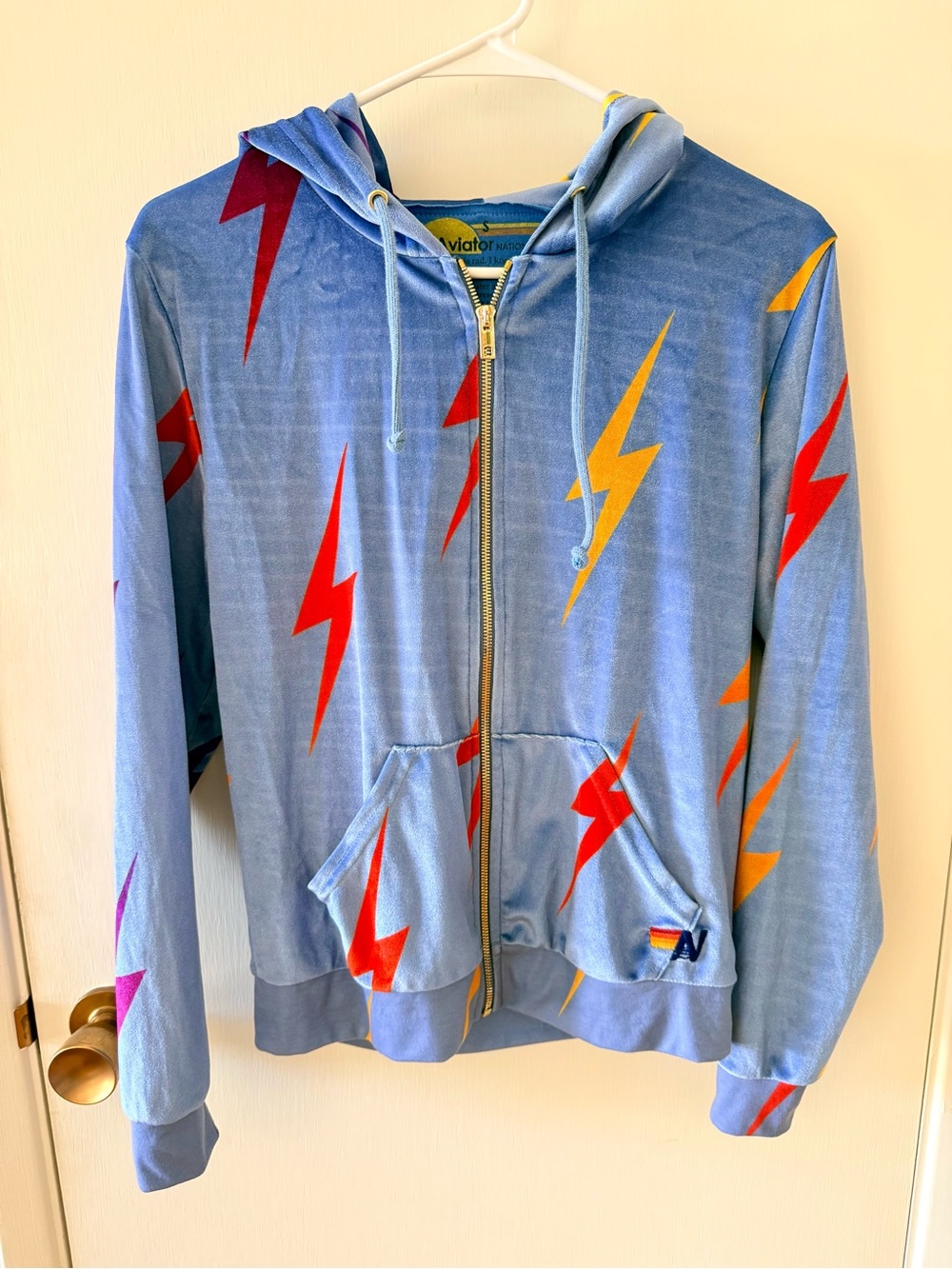 Aviator Nation Blue Velvet Lightning Bolt Zip Hoodie Size S